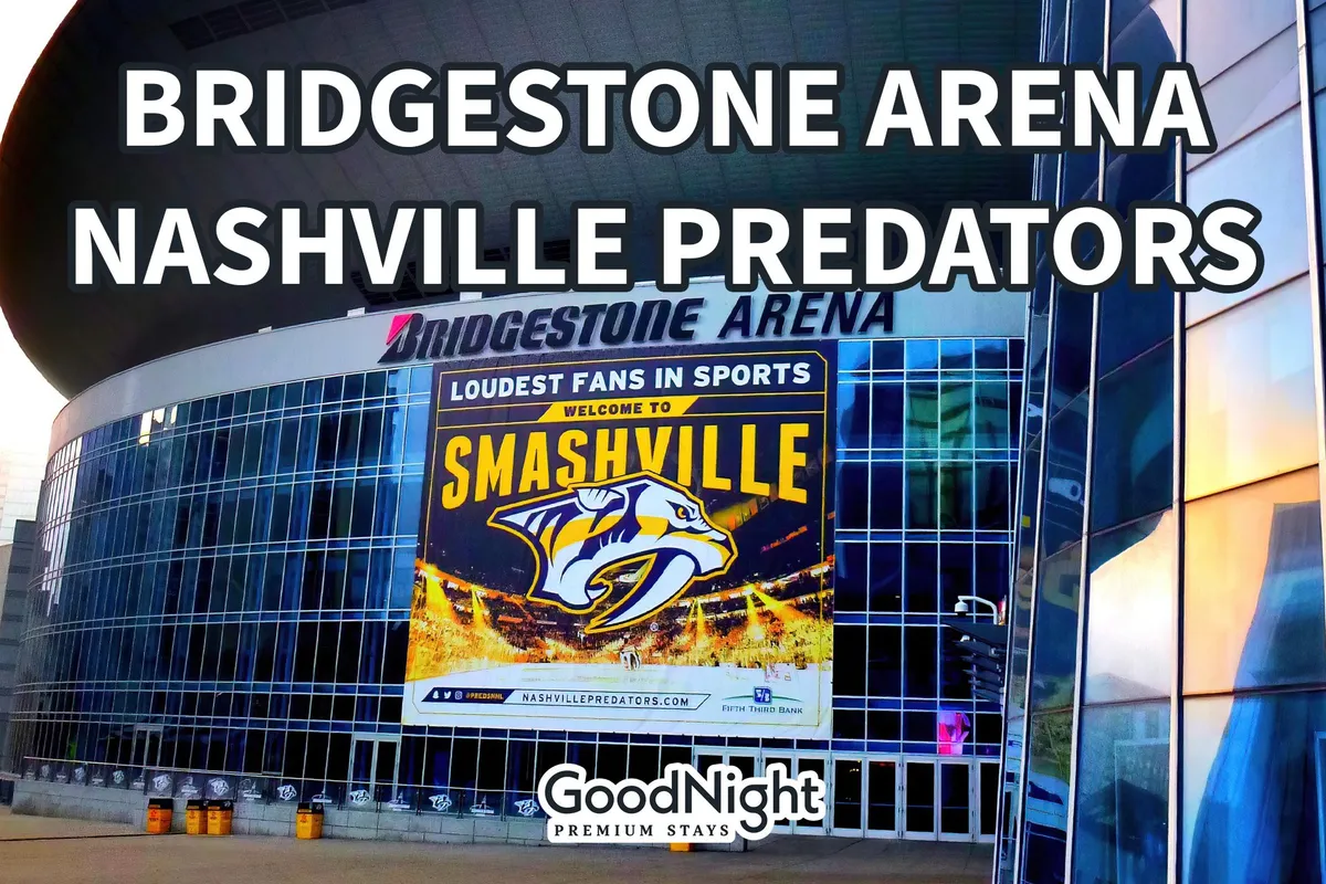 This image features the prominent Bridgestone Arena sign, a Nashville Predators banner, and the building's large glass façade. Crowds can be seen gathering outside, hinting at the venue's vibrant events and concerts.